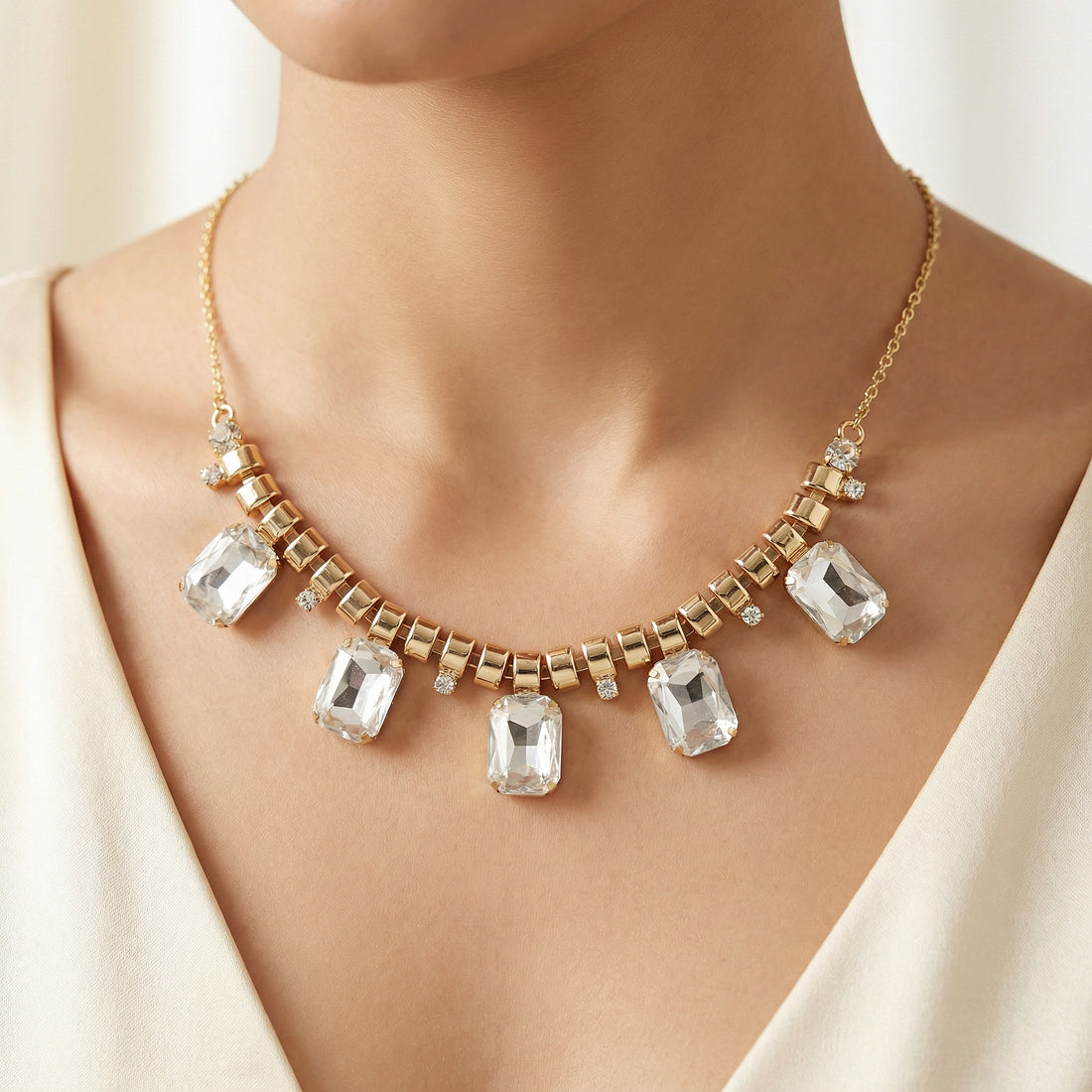 PRAO Necklace Waterproof Rectangle Crystal Charms Set With Earrings