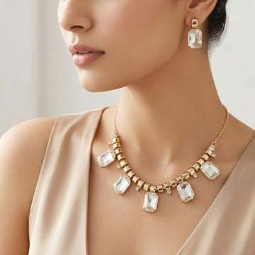 PRAO Necklace Waterproof Rectangle Crystal Charms Set With Earrings