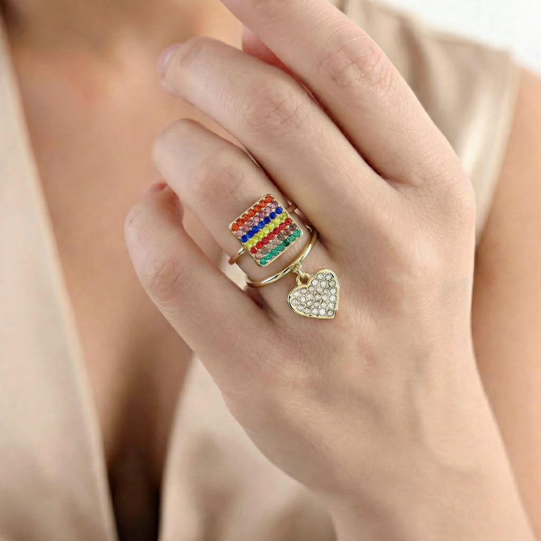 PRAO Ring Anti-Tarnish Pack Of 2 Crystal Heart Charm