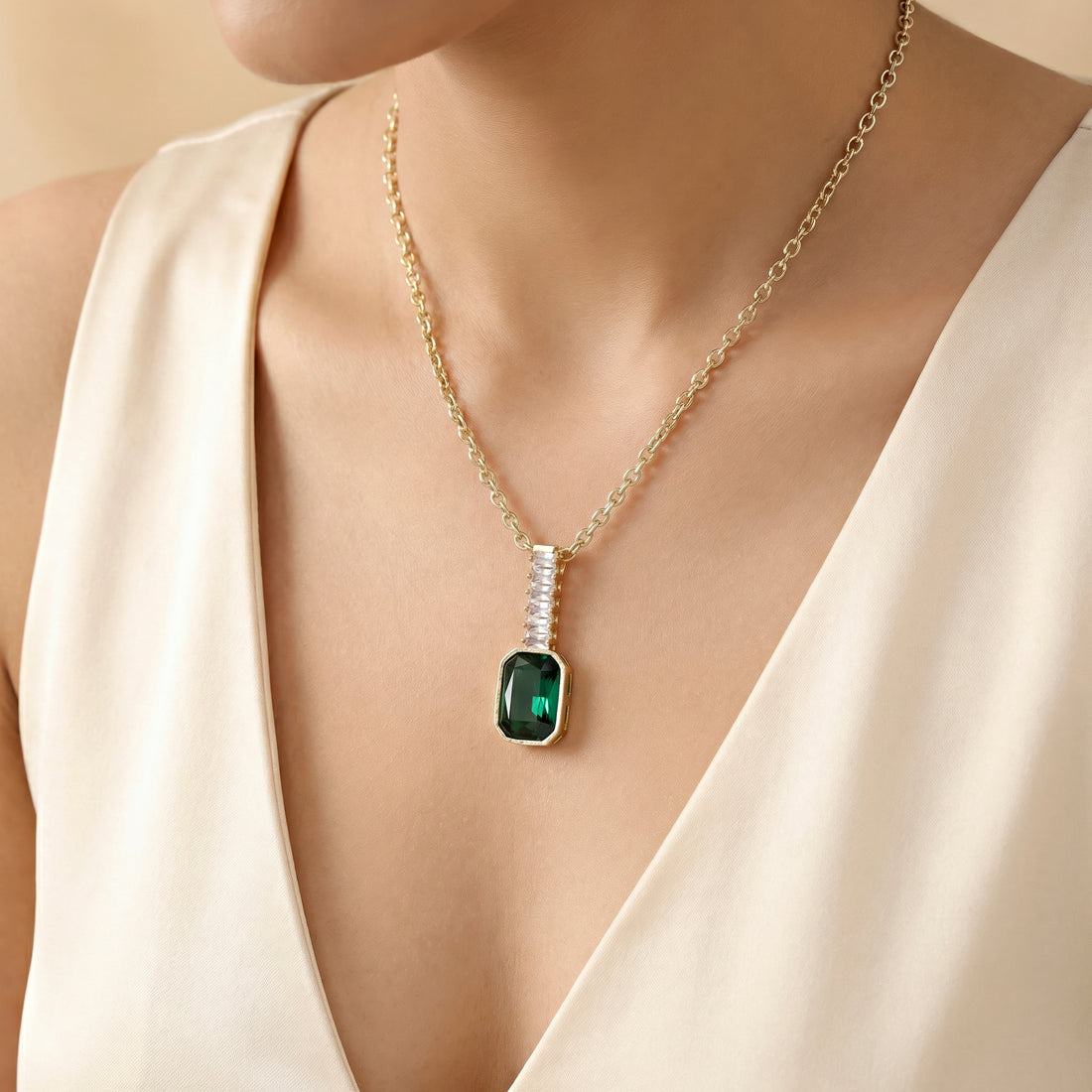 PRAO Necklace Anti-Tarnish Emerald Crystal Pendant Set With Earrings