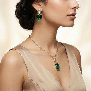 PRAO Necklace Anti-Tarnish Emerald Crystal Pendant Set With Earrings