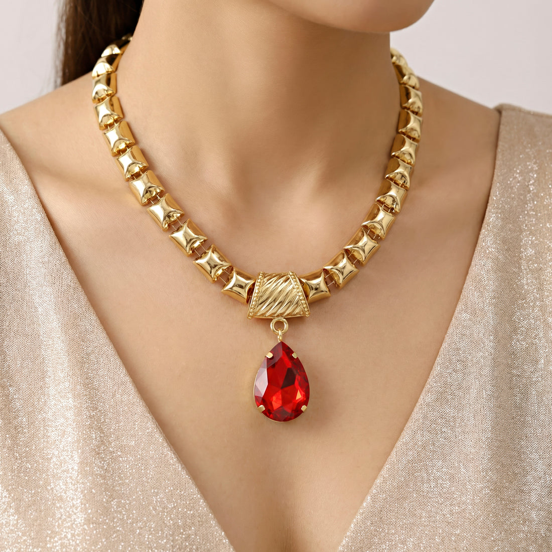 PRAO Necklace Anti-Tarnish Red Crystal Set With Earrings