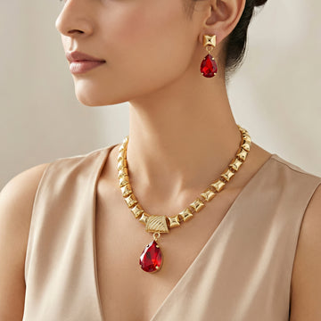 PRAO Necklace Anti-Tarnish Red Crystal Set With Earrings