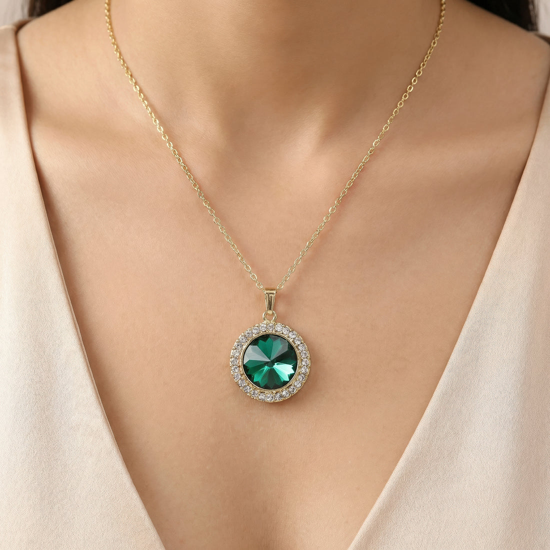 PRAO Necklace Anti-Tarnish Emerald Crystal Pendant Set With Earrings