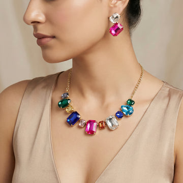 PRAO Necklace Anti-Tarnish Multicolor And Shapes Crystal Set With Earrings