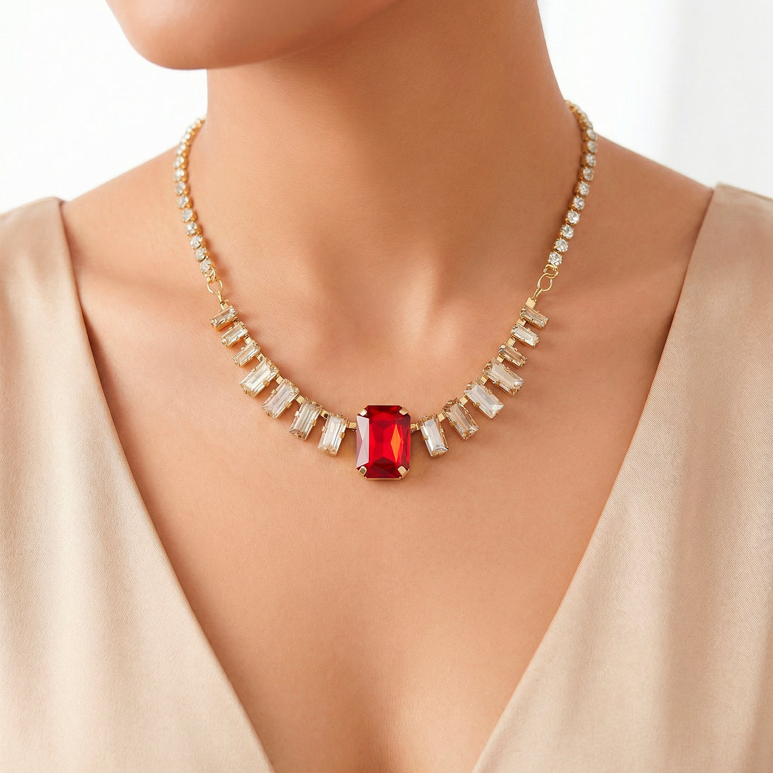 PRAO Necklace Anti-Tarnish Baguette Crystal Set With Earrings