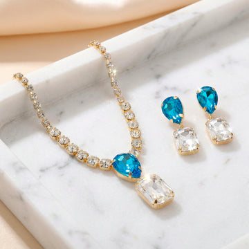 PRAO Necklace Anti-Tarnish Drop And Crystal Set With Earrings