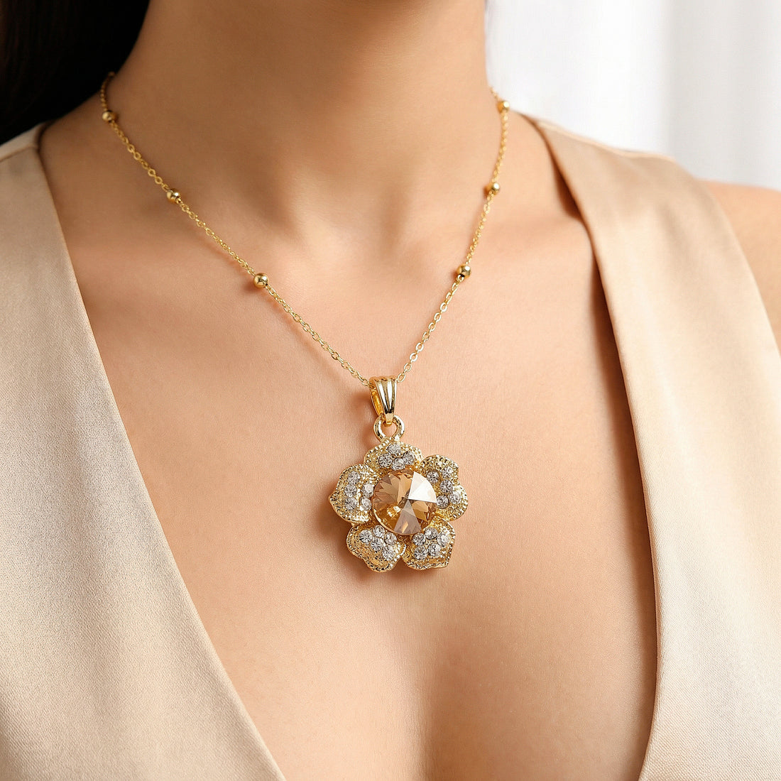 PRAO Necklace Anti-Tarnish Crystal Flower Pendant Set With Earrings