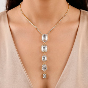 PRAO Necklace Anti-Tarnish Long Crystal Pendant Set With Earrings