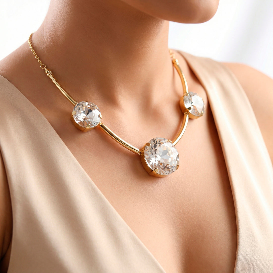 PRAO Necklace Anti-Tarnish Round Crystal Spaced Set With Earrings