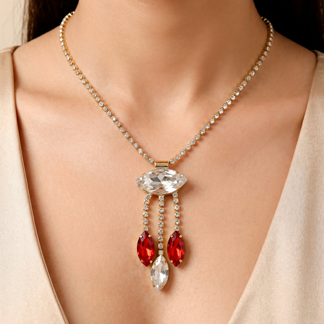 PRAO Necklace Anti-Tarnish Marquise Crystal Tassel Set With Earrings