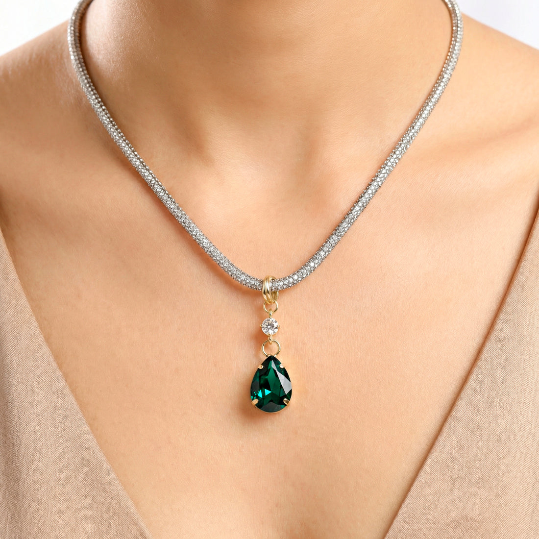 PRAO Necklace Anti-Tarnish Drop-Shaped Crystal Pendant Set With Earrings