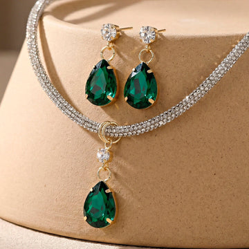 PRAO Necklace Anti-Tarnish Drop-Shaped Crystal Pendant Set With Earrings