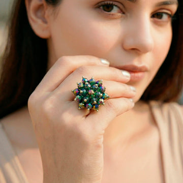 PRAO Ring Anti-Tarnish Rainbow Beaded Crystal Cluster Cocktail