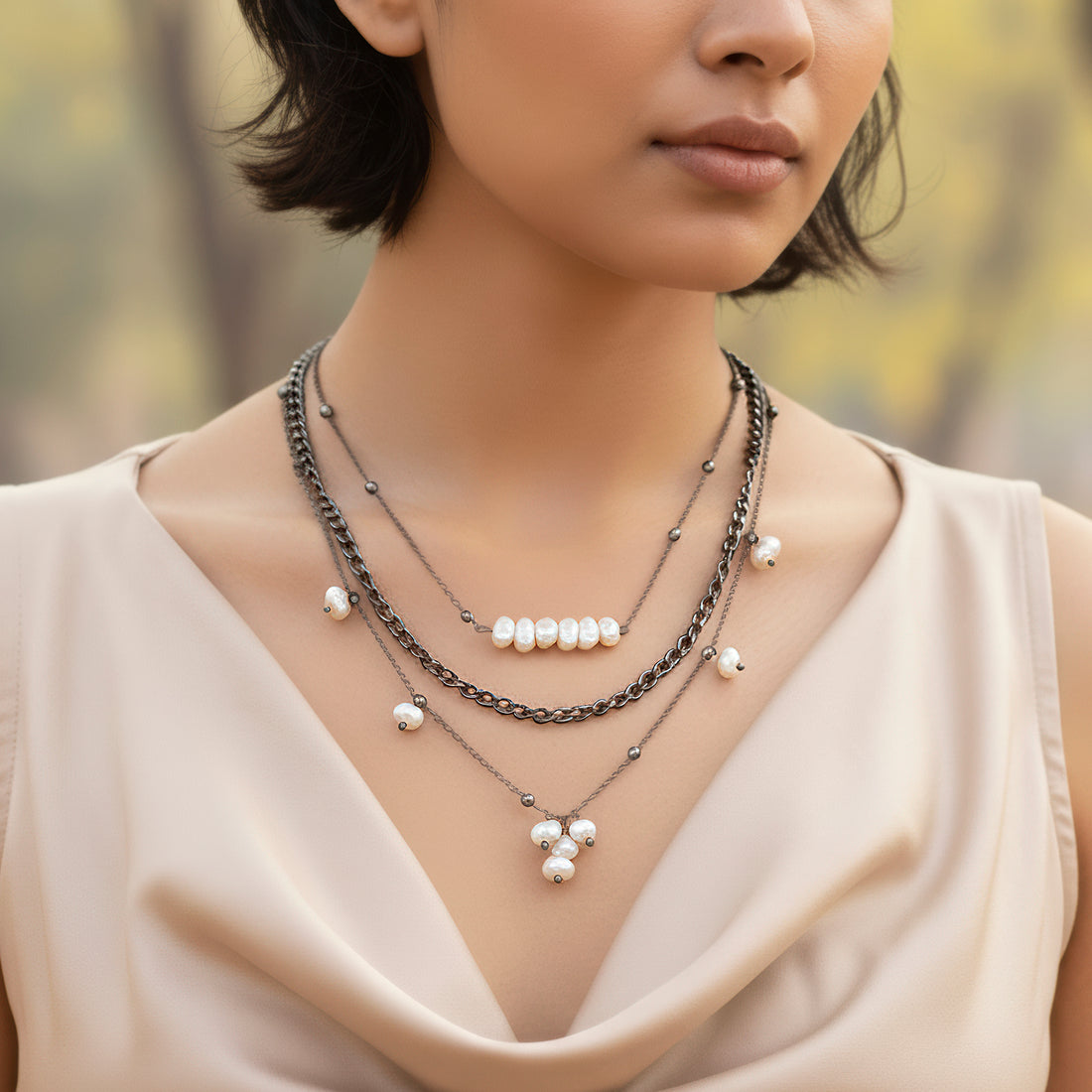 PRAO Anti-Tarnish Triple Layer Necklace with Uncut Pearls