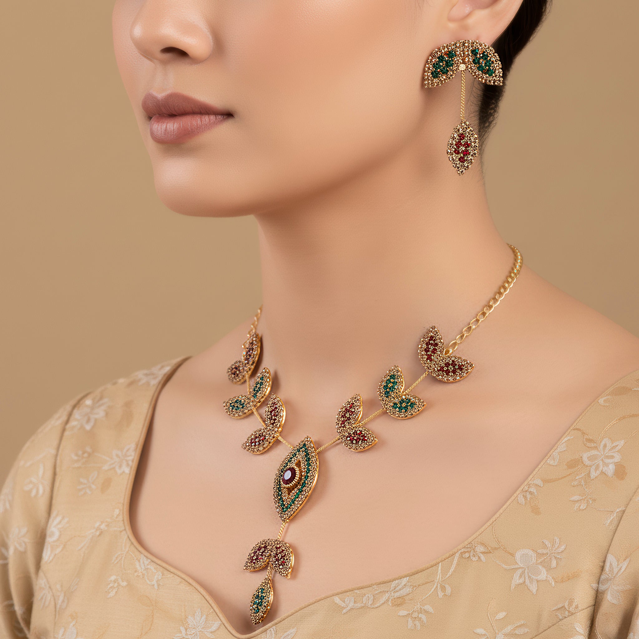 PRAO Anti-Tarnish Evil Eye Leafy Pattern Necklace Set With Earrings