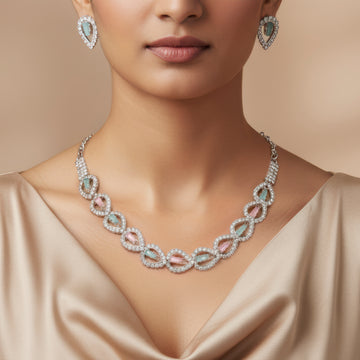 PRAO Necklace Anti-Tarnish Tear Drop Jacket Crystal Set With Earrings