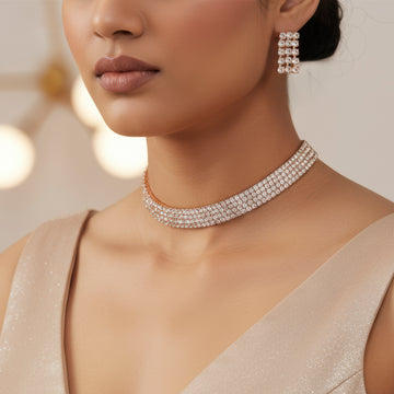 PRAO Necklace Anti-Tarnish Rhinestone Chains Broad Set With Earrings