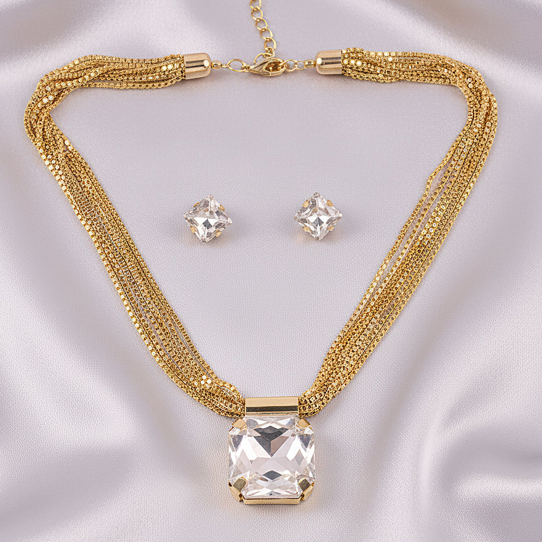 PRAO Necklace Anti-Tarnish Gold Plated Statement Crystal Set with Earrings