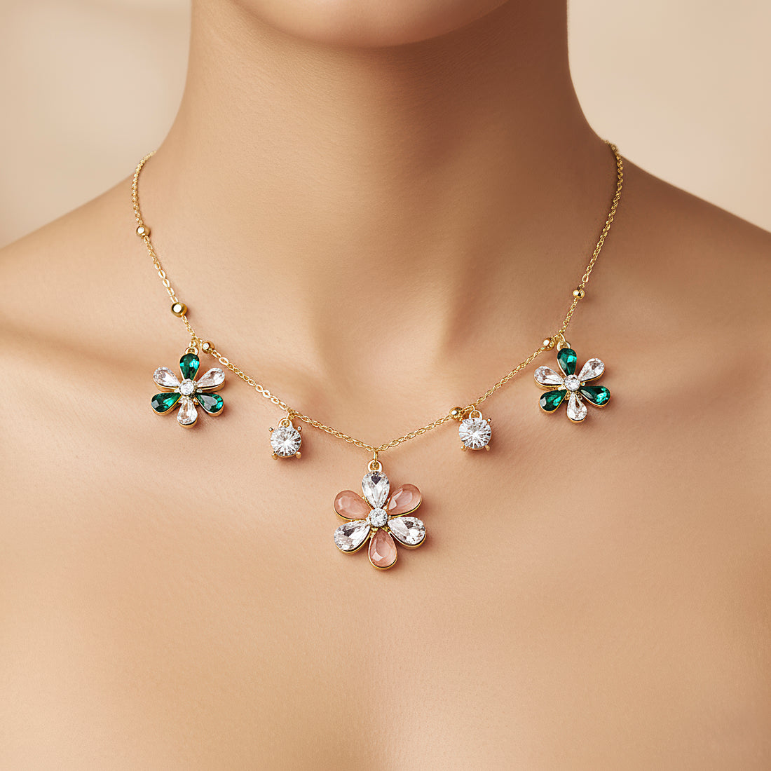 PRAO Necklace Anti-Tarnish Crystal Flowers Charms Chain Set With Earrings