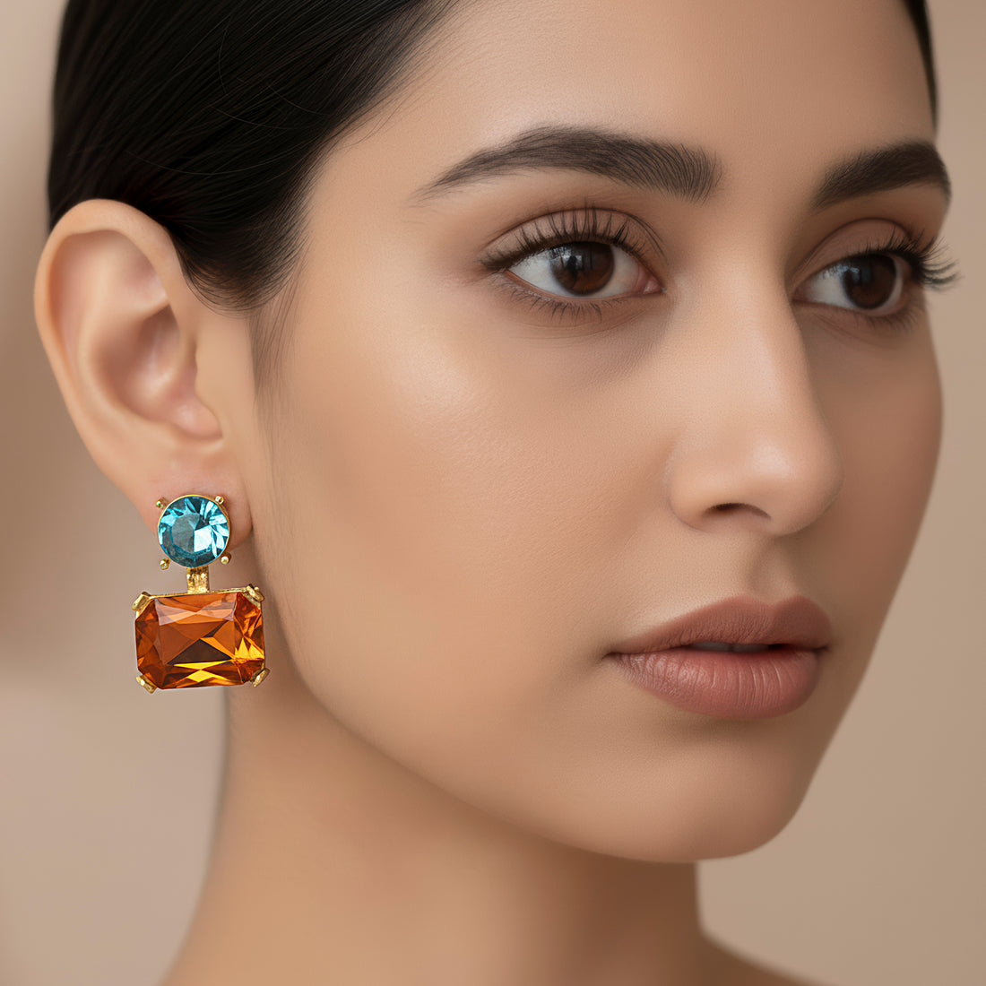 PRAO Earrings Anti-Tarnish Round and Rectangle Crystal Studs