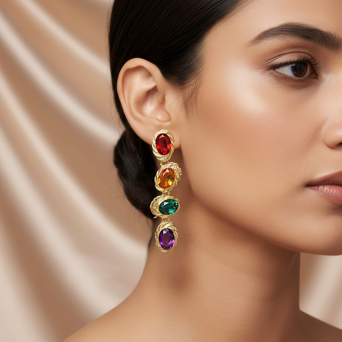 PRAO Earrings Anti-Tarnish Oval Multi-Color Crystals Danglers