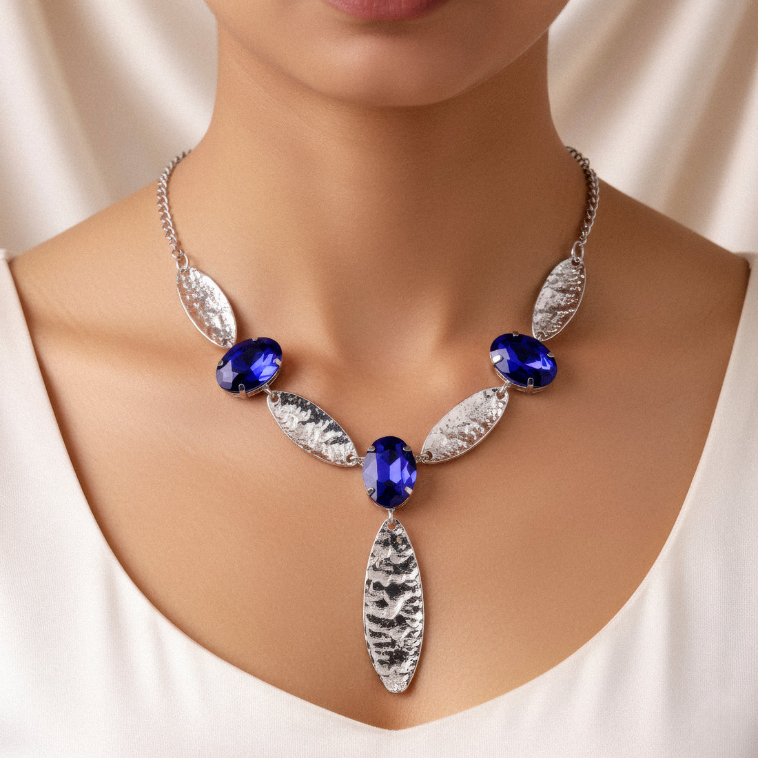 PRAO Necklace Anti-Tarnish Blue Saphhire Crystal Set With Earrings