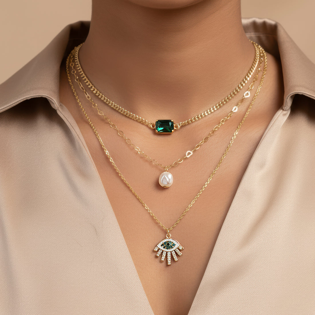 PRAO Necklace Anti-Tarnish Layers Set with Earrings