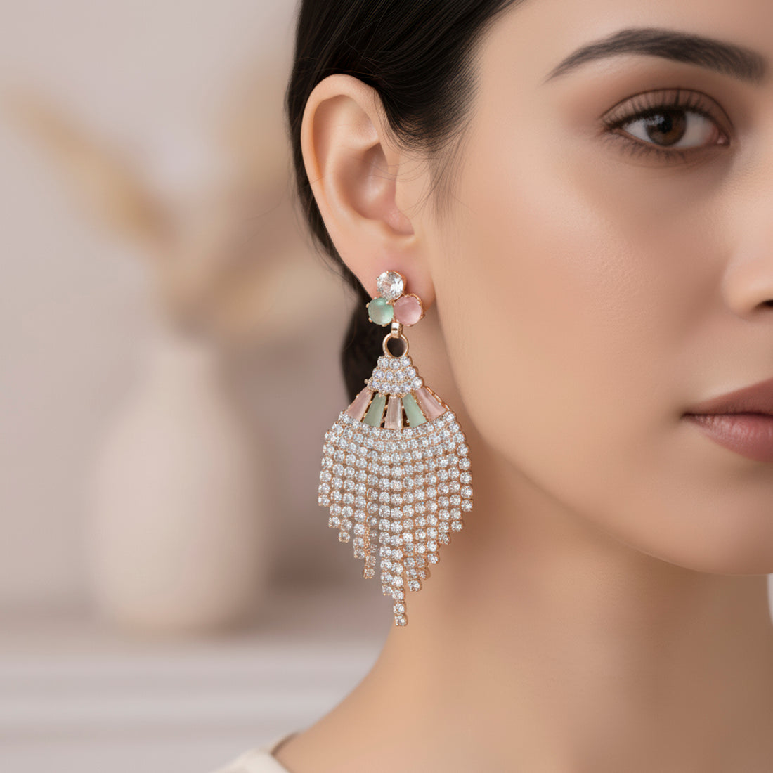 PRAO Earrings Anti-Tarnish Rhinestone Waterfall Tassel Statement Danglers