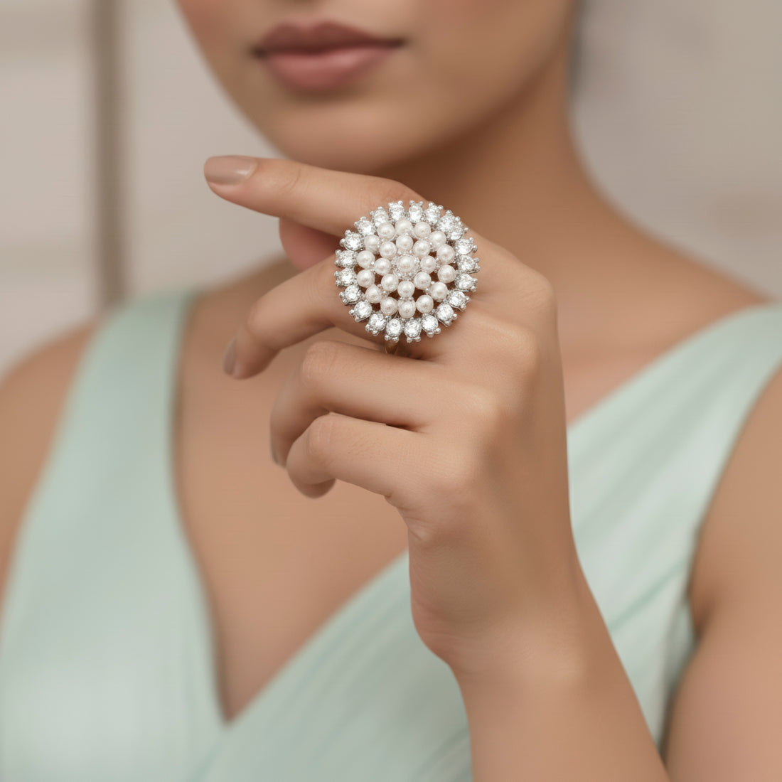 PRAO Ring Anti-Tarnish Pearl & Crystal Studded Cocktail