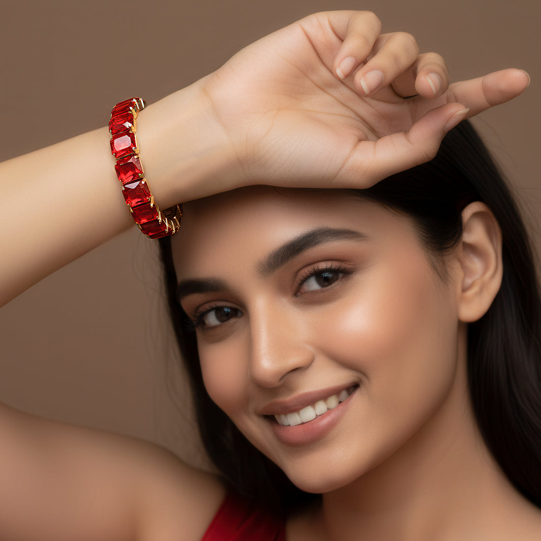 PRAO Anti-Tarnish Ruby Red Crystals Bracelet (Adjustable Size)