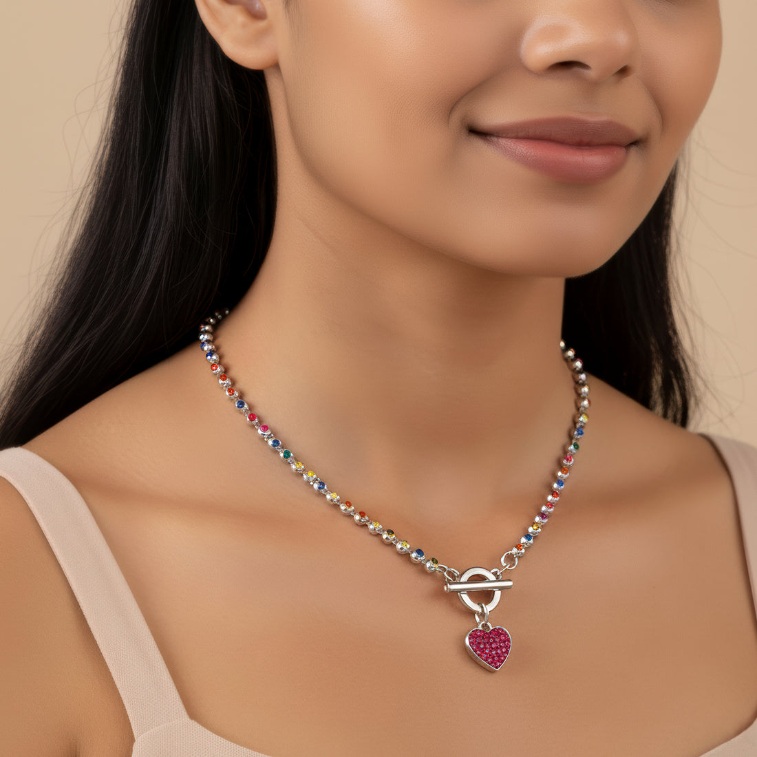 PRAO Anti-Tarnish AD-Studded Heart Charm Necklace with T-Lock