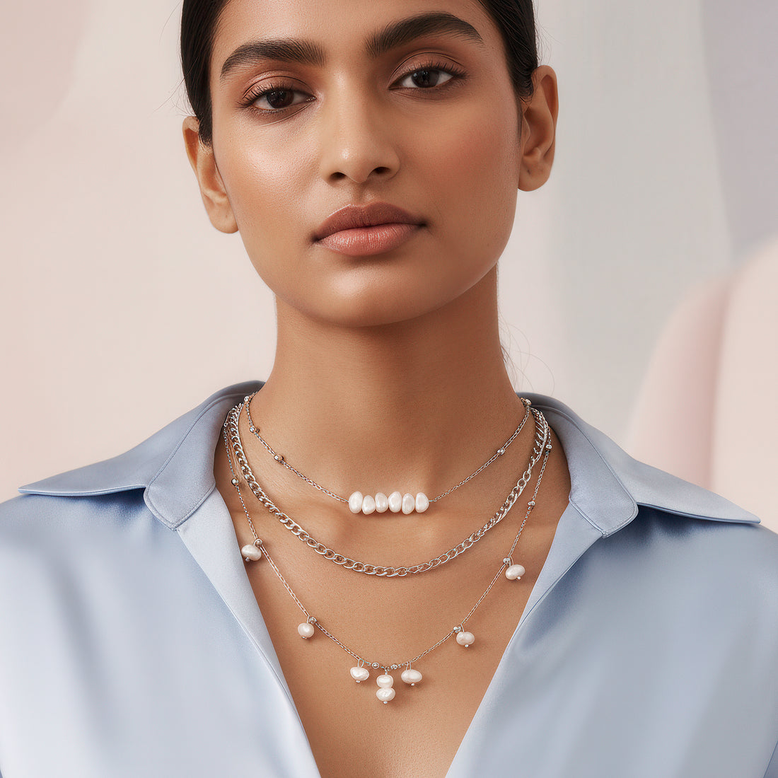 PRAO Anti-Tarnish Silver Multilayered High Fashion Necklace