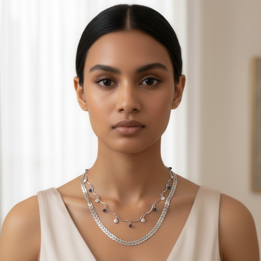PRAO Anti-Tarnish Double Layer Chevron Chain with Shell Charms Necklace