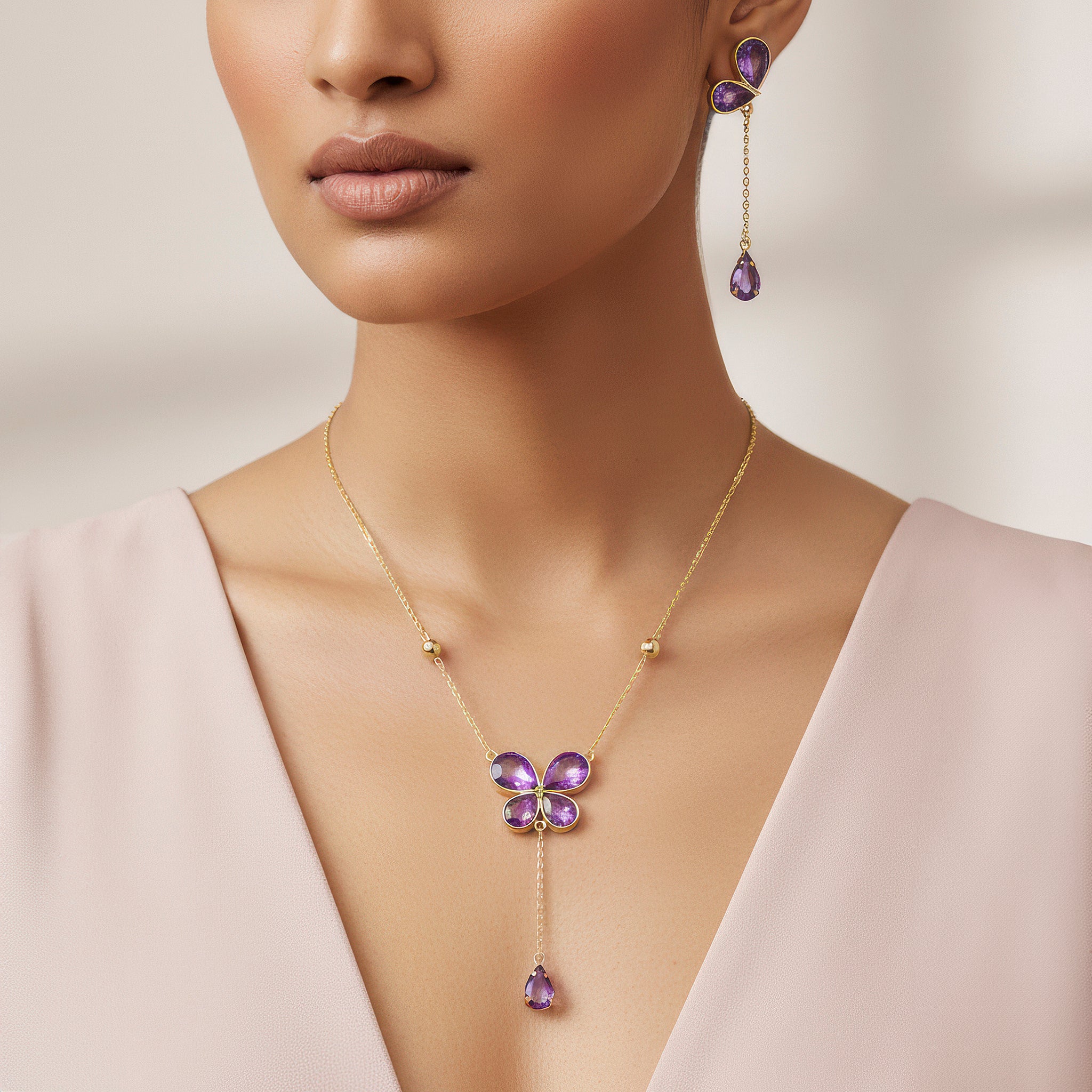 PRAO Anti-Tarnish Purple Crystal Butterfly Necklace Set  With Earrings