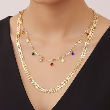 PRAO Anti-Tarnish Double Layer Chevron Chain with Shell Charms Necklace
