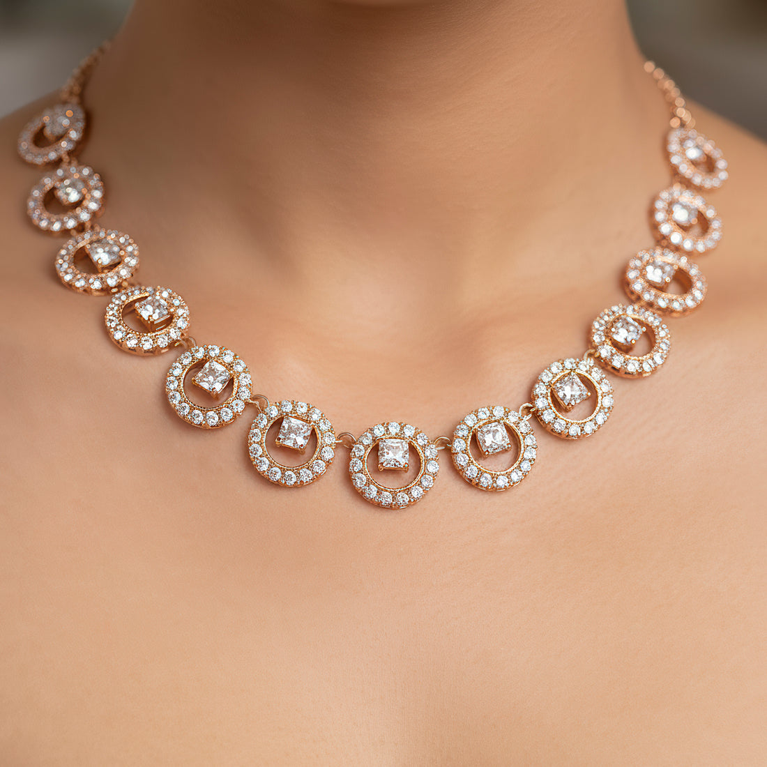 PRAO Anti-Tarnish Spacer Rhinestone Chain Circles Necklace Set With Earrings