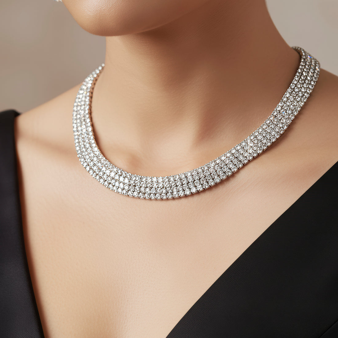 PRAO Anti-Tarnish Rhinestone Chains Broad Necklace Set With Earrings