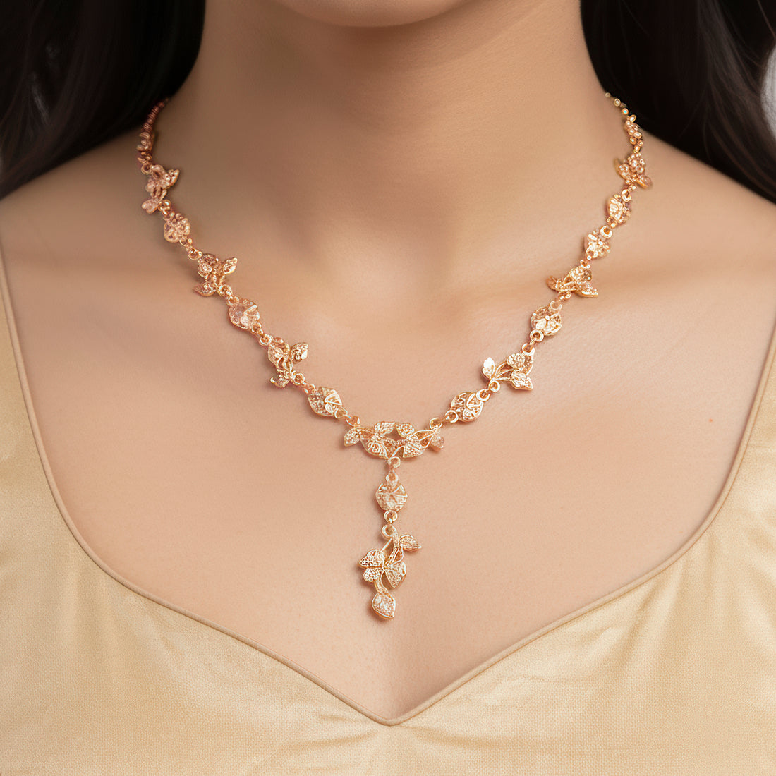 PRAO Anti-Tarnish Rose Gold Leaves Necklace Set With Earrings