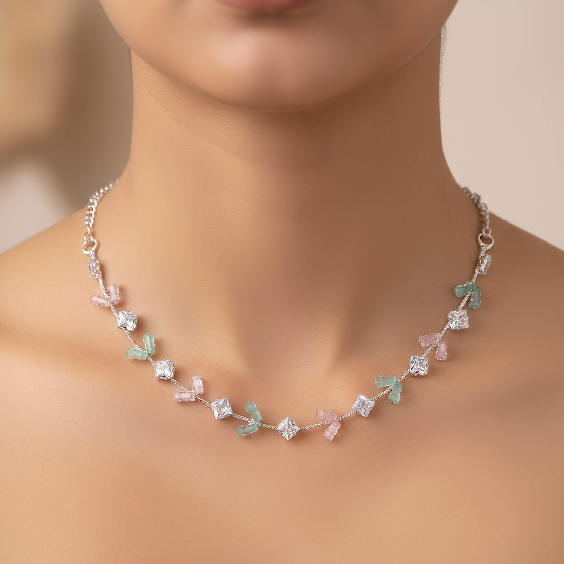 PRAO Anti-Tarnish Baguette & Square Crystals Spacer Necklace Set With Earrings