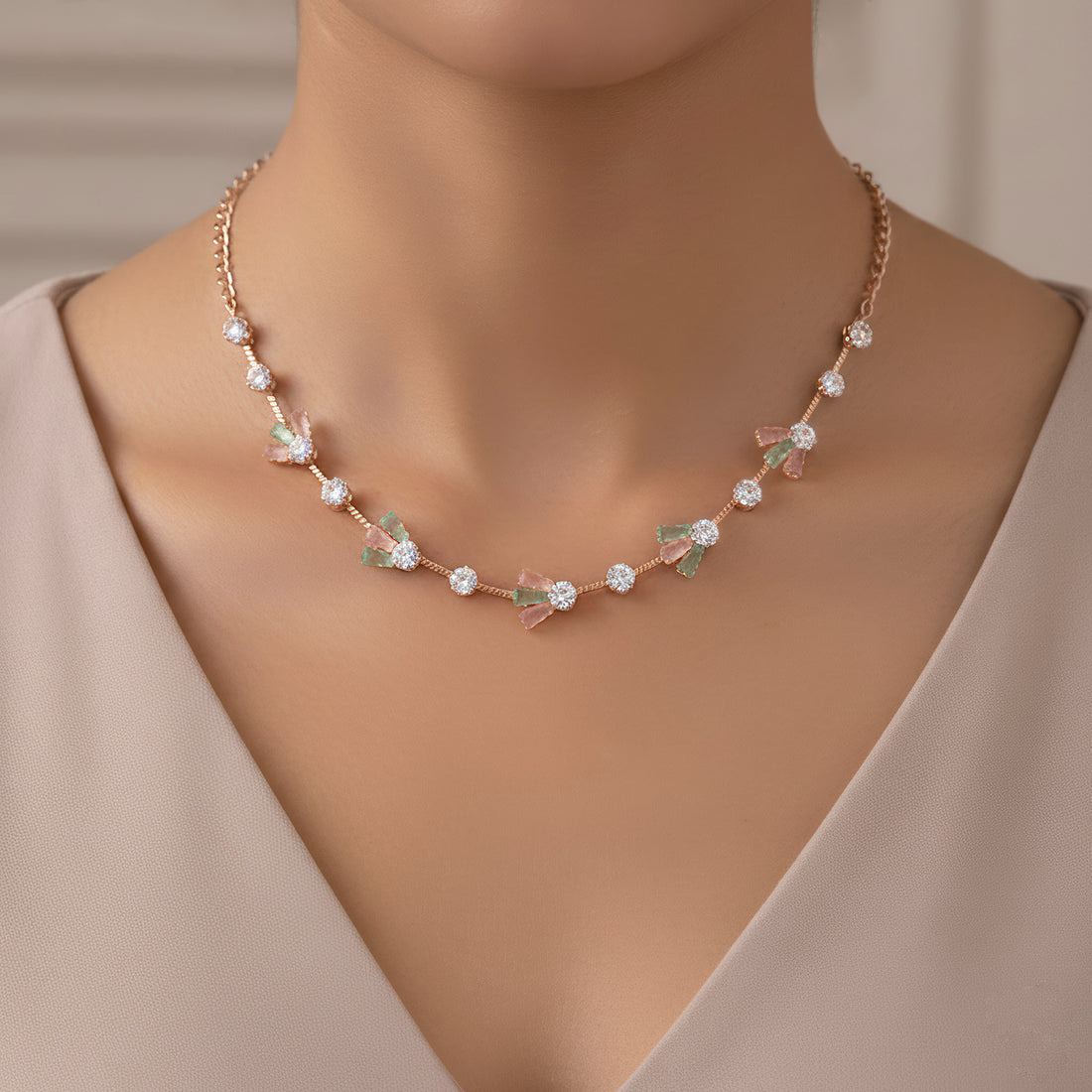 PRAO Anti-Tarnish Baguettes & Round Crystals Spacer Necklace Set With Earrings