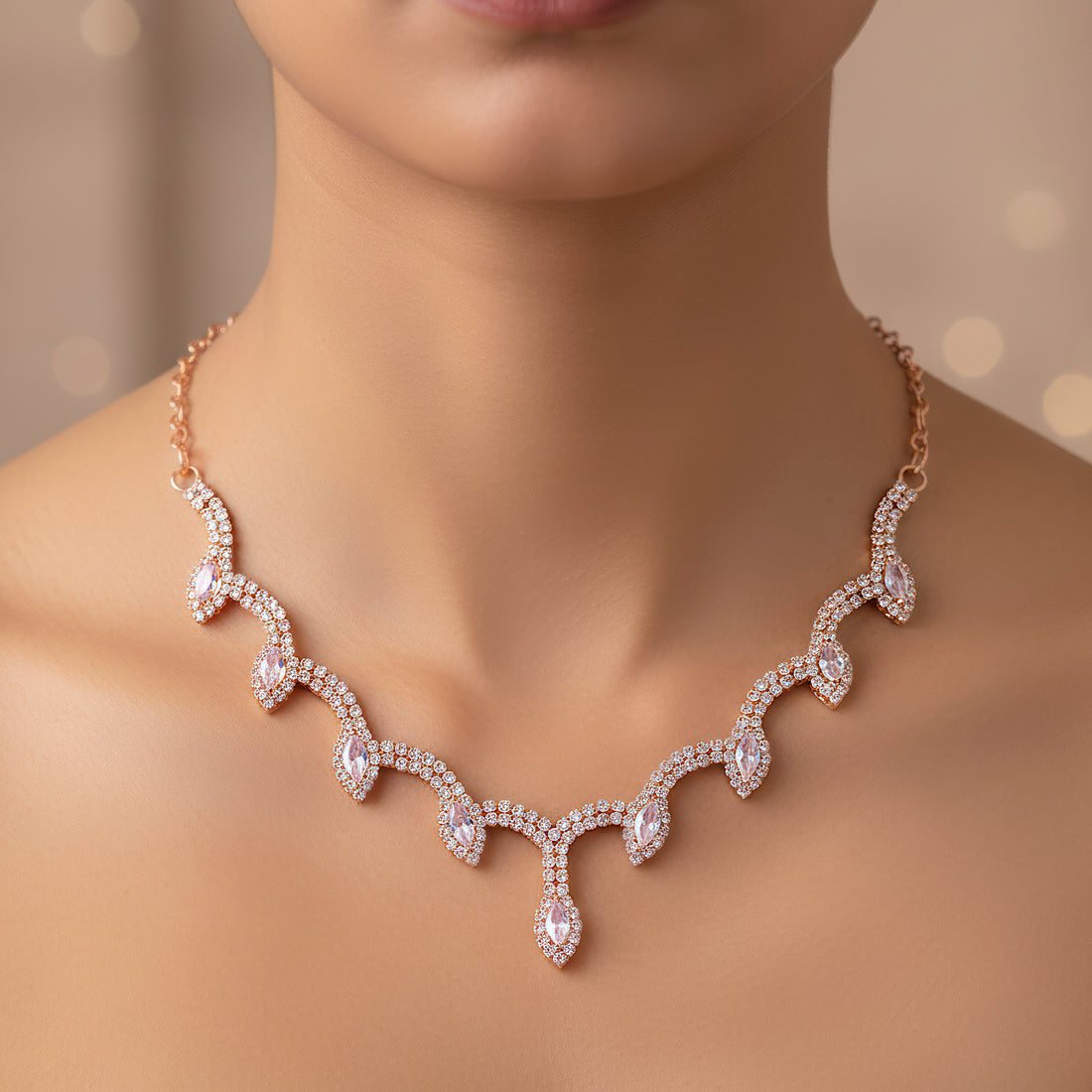 PRAO Anti-Tarnish Marquise Crystals Buntings Statement Necklace Set With Earrings