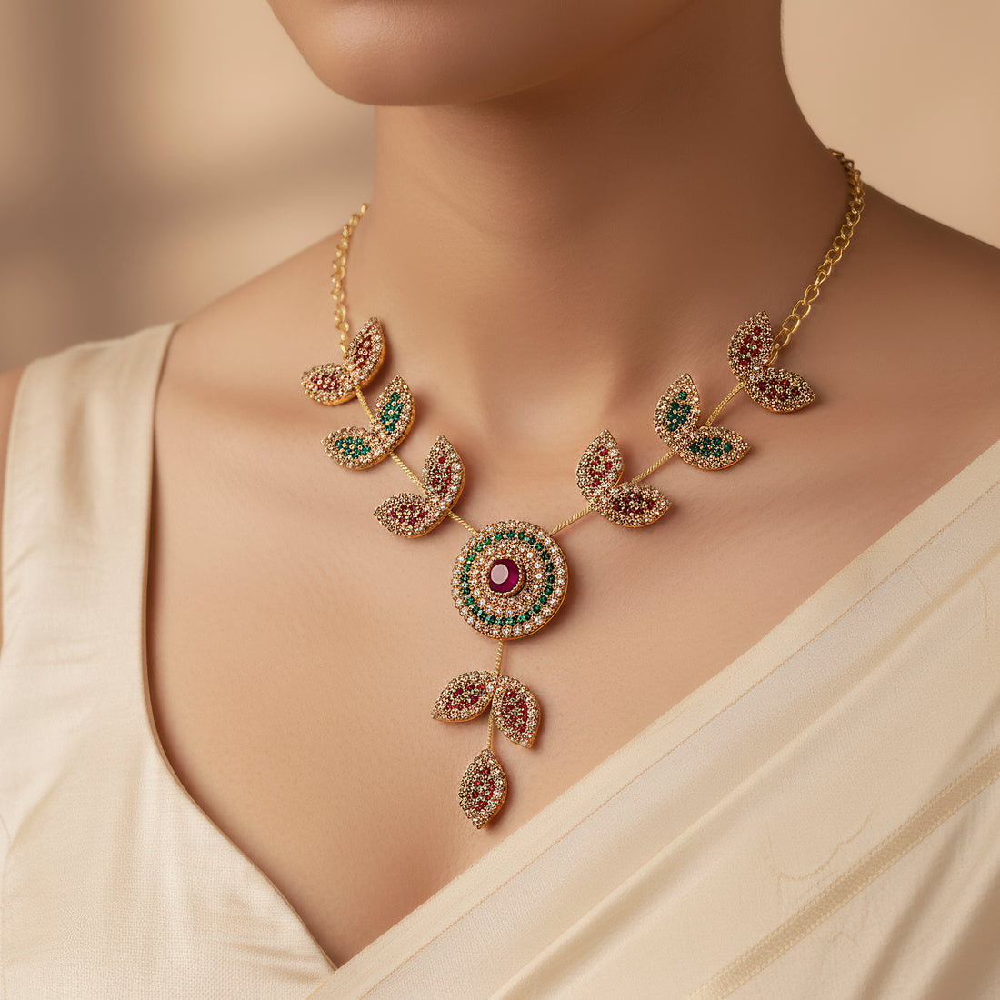 PRAO Anti-Tarnish Round Pendant Leafy Pattern Necklace Set With Earrings
