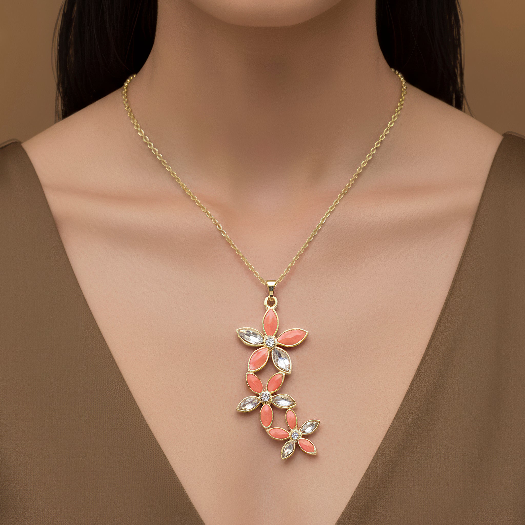 PRAO Necklace Anti-Tarnish Flower Enamel & Crystal Pendant Set With Earrings