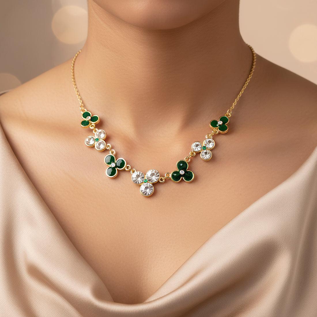 PRAO Anti-Tarnish Clubs Enamel & Crystal Necklace Set With Earrings