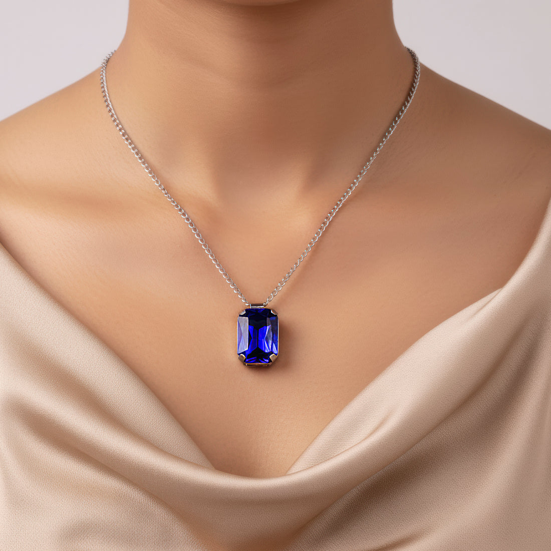 PRAO Anti-Tarnish Blue Sapphire Crystal Pendant Set With Earrings