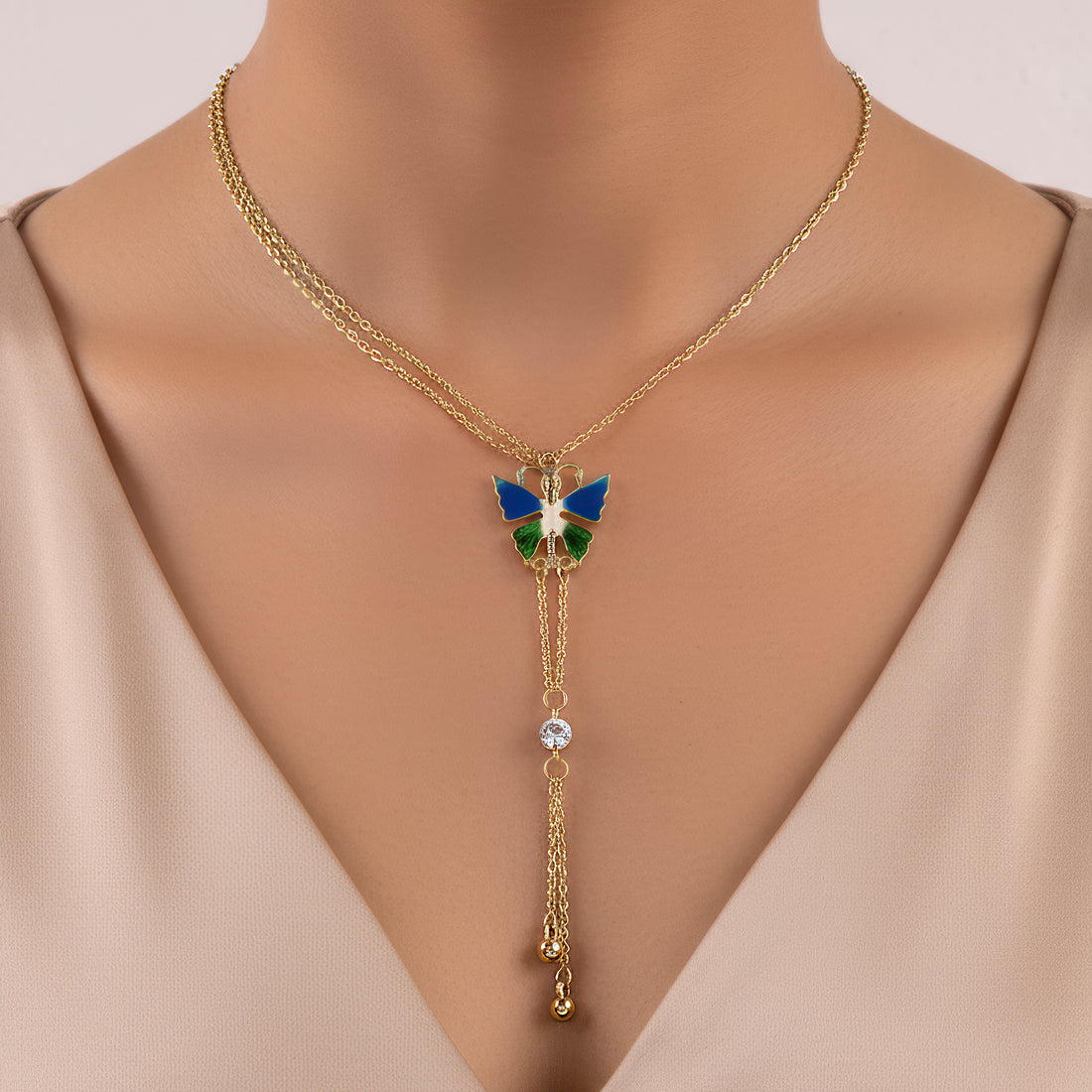PRAO Anti-Tarnish Enamel Butterfly Necklace Set With Earrings