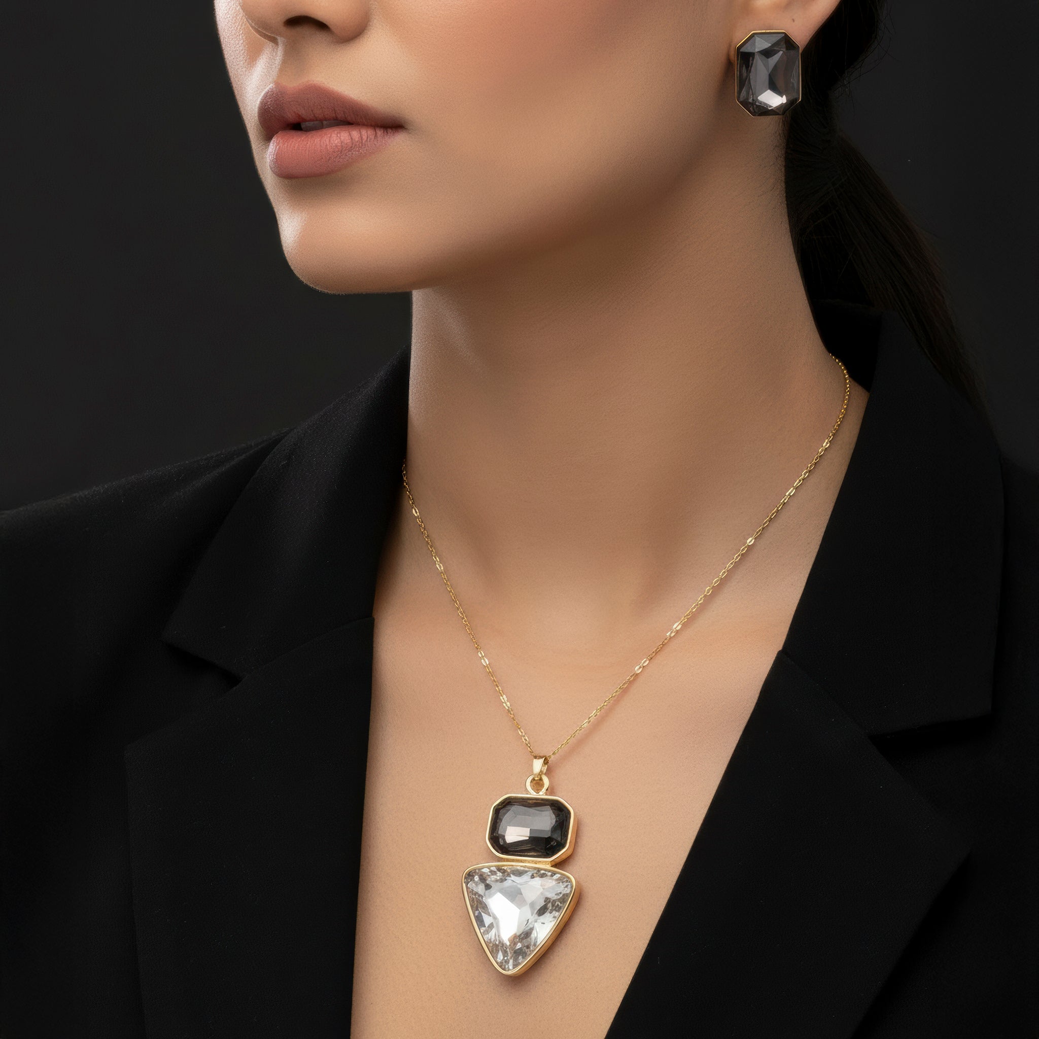 PRAO Anti-Tarnish Rectangle & Triangle Pendant Necklace with Earrings