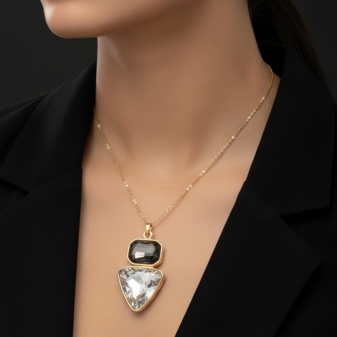 PRAO Necklace Anti-Tarnish Crystal Black Pendant