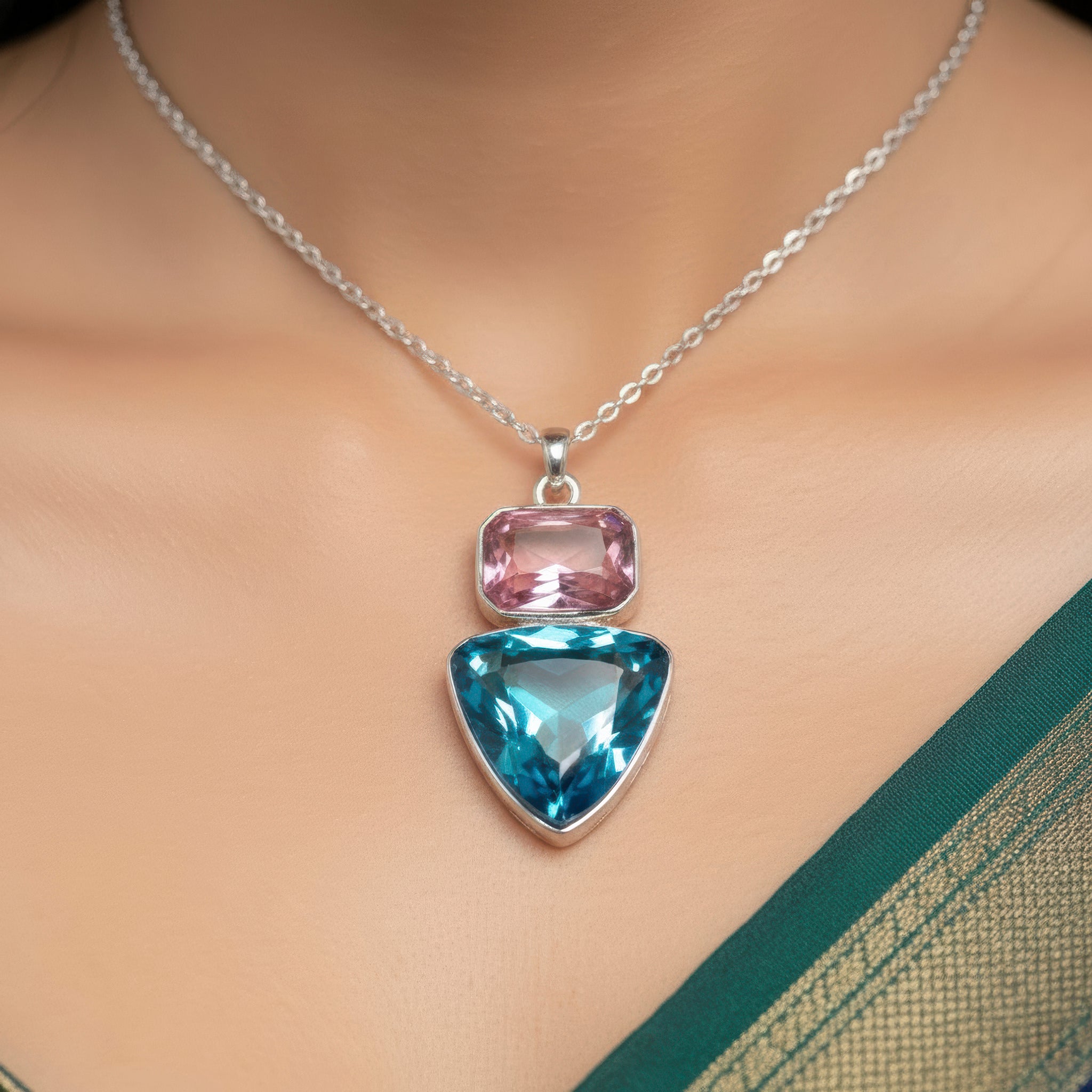 PRAO Anti-Tarnish Rectangle & Triangle Pendant Necklace with Earrings